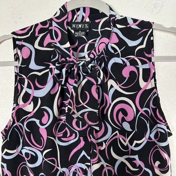 Mixit Women's Sz 8 Mod silk sleeveless button up bow collar tie office blouse - Picture 2 of 10